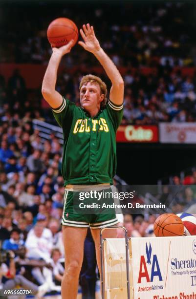 Larry Bird of the Boston Celtics shoots the ball during the 1987 NBA All-Star Three Point Contest played on February 7, 1987 at the Kingdome in...