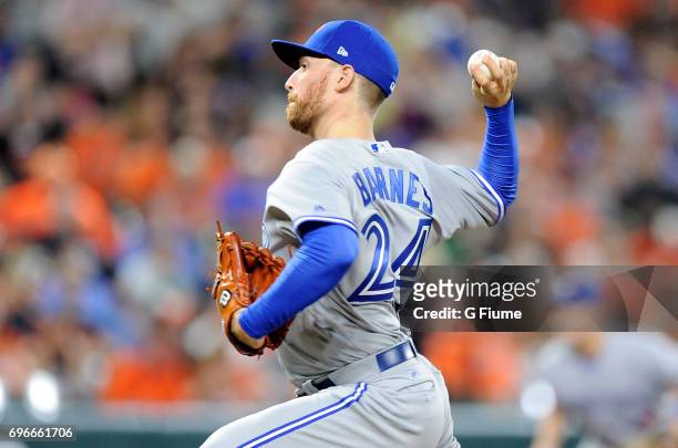 Danny Barnes of the Toronto Blue Jays pitches against the Baltimore Orioles at Oriole Park at Camden Yards on May 19, 2017 in Baltimore, Maryland.