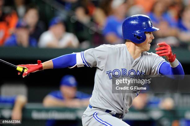 Chris Coghlan of the Toronto Blue Jays bats against the Baltimore Orioles at Oriole Park at Camden Yards on May 19, 2017 in Baltimore, Maryland.