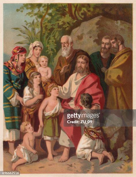 jesus bless the children (matthew 19, 13-15), chromolithograph, published 1886 - jesus christ stock illustrations