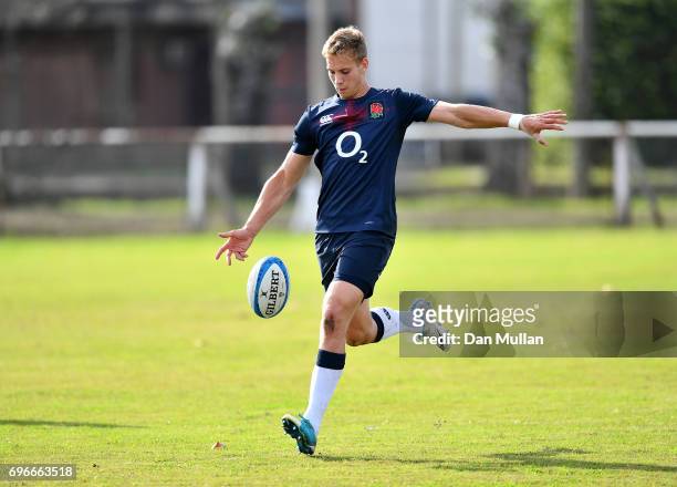 Harry Mallinder of England practices his kicking during a training session at Club Universitario on June 16, 2017 in Santa Fe, Santa Fe.