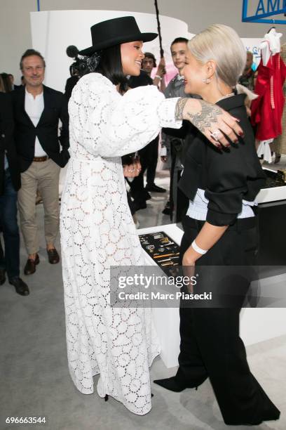 Singer Rihanna meets Yoon from 'Ambush' as she attends the 'Young Fashion Designer': LVMH Prize 2017 edition at Fondation Louis Vuitton on June 16,...