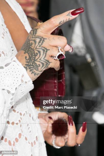 Singer Rihanna, ring detail, attends the 'Young Fashion Designer': LVMH Prize 2017 edition at Fondation Louis Vuitton on June 16, 2017 in Paris,...