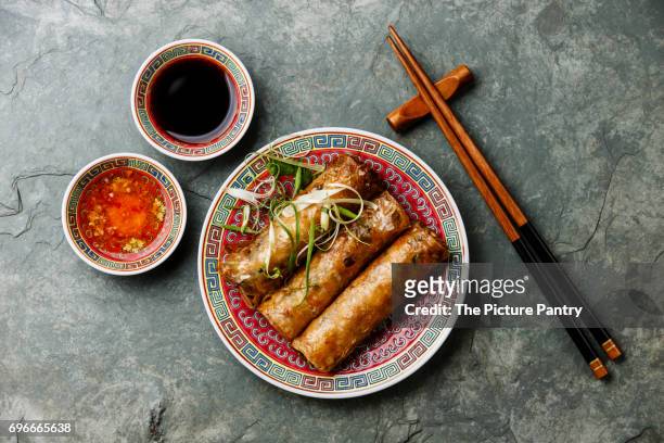 spring rolls with sauce on stone background - spring rolls stock pictures, royalty-free photos & images