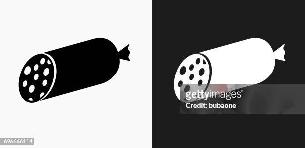 salami stick icon on black and white vector backgrounds - salami stock illustrations