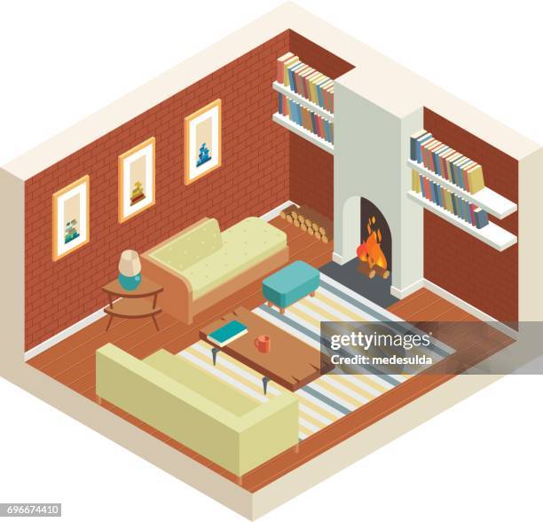 isometric room - brick chimney stock illustrations