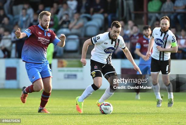 Louth , Ireland - 16 June 2017; Robbie Benson of Dundalk in action against Ryan McEvoy of Drogheda United during the SSE Airtricity League Premier...