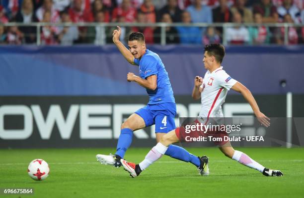 Martin Valjent of Slovakia scores his team's first goal during the UEFA European Under-21 Championship match between Poland and Slovakia at Lublin...