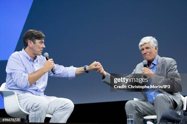 Tim Armstrong CEO of AOL and Maurice Levy outgoing CEO of Publicis, attend a conference during Viva Technology at Parc des Expositions Porte de...