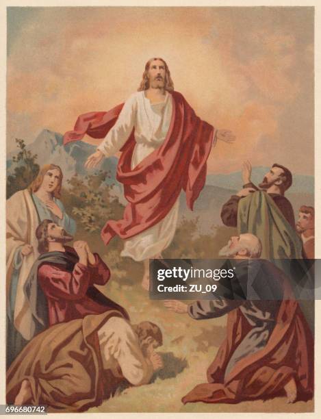 stockillustraties, clipart, cartoons en iconen met hemelvaart van christus (luke 24 51), chromolithograph, gepubliceerd in 1886 - jesus