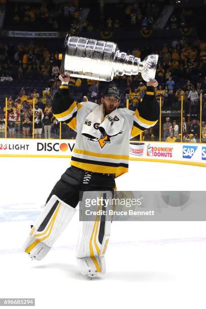 Matt Murray of the Pittsburgh Penguins celebrates with the Stanley Cup Trophy after defeating the Nashville Predators 2-0 to win the 2017 NHL Stanley...