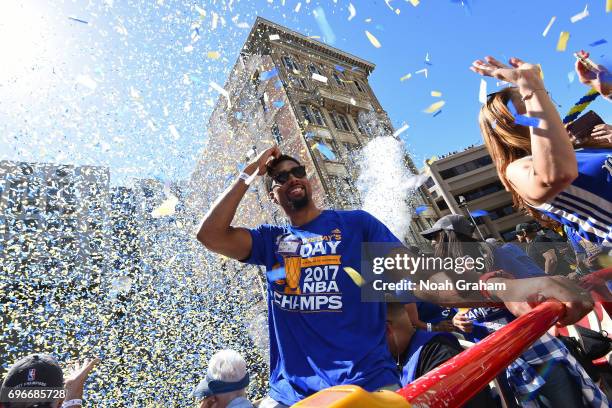 James Michael McAdoo of the Golden State Warriors waves to the crowd during the Victory Parade and Rally on June 15, 2017 in Oakland, California at...