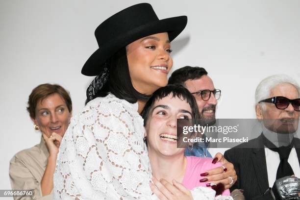 Winner of the 'Young Fashion Designer' LVMH Prize 2017, Stylist Marine Serre is congratuled by singer Rihanna during the 'Young Fashion Designer' :...