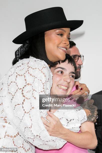 Winner of the 'Young Fashion Designer' LVMH Prize 2017, Stylist Marine Serre is congratuled by singer Rihanna during the 'Young Fashion Designer' :...