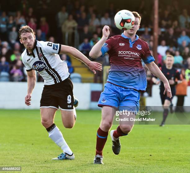 Louth , Ireland - 16 June 2017; Luke Gallagher of Drogheda United in action against David McMillan of Dundalk during the SSE Airtricity League...