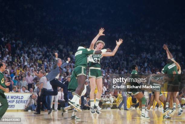 Finals: Boston Celtics Larry Bird victorious after winning game vs Los Angeles Lakers at The Forum. Game 4. Inglewood, CA 6/5/1985 CREDIT: Richard...