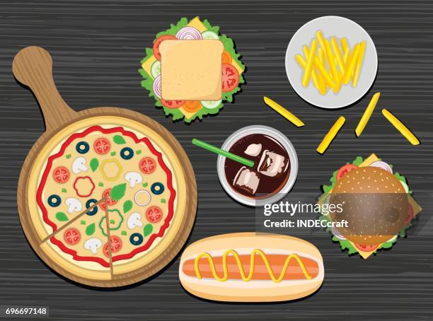 fast food on table top view - wooden table top view stock illustrations