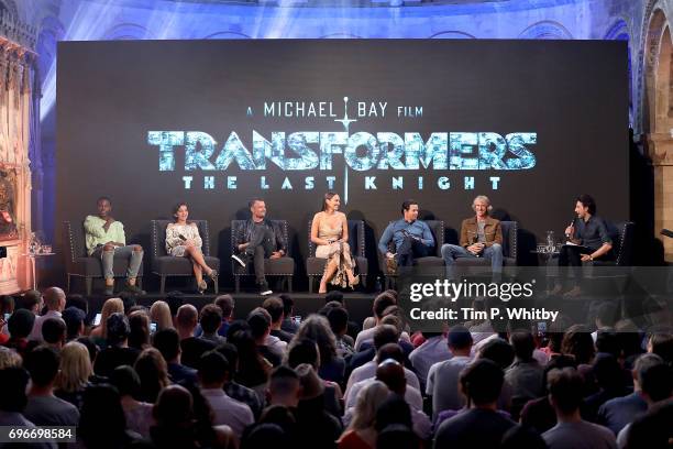 Actors Jerrod Carmichael, Isabela Moner, Josh Duhamel, Laura Haddock, Mark Wahlberg, film director Michael Bay and host Alex Zane attend a fan event...