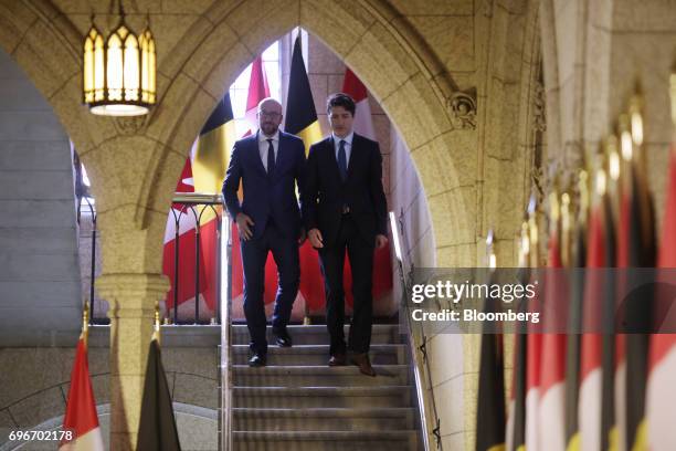 Justin Trudeau, Canada's prime minister, right, and Charles Michel, Belgium's prime minister, arrive to a joint press conference in Ottawa, Ontario,...