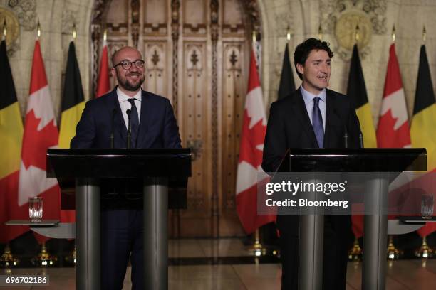 Justin Trudeau, Canada's prime minister, right, and Charles Michel, Belgium's prime minister, smile during a joint press conference in Ottawa,...