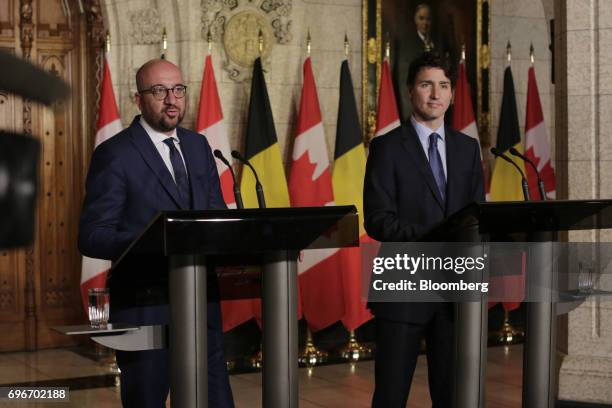 Charles Michel, Belgium's prime minister, left, speaks while Justin Trudeau, Canada's prime minister, listens during a joint press conference in...