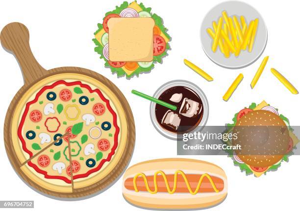 fast food on table top view - vegetarian pizza stock illustrations