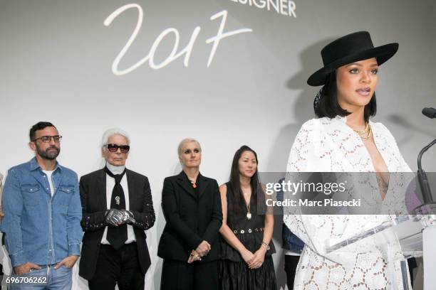 Singer Rihanna presents the 'Young Fashion Designer' : LVMH Prize 2017 Edition in front of members of the Jury, stylist Nicolas Ghesquiere, stylist...