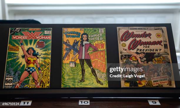 Wonder Woman comic books are seen during the "Library of Awesome" pop-up exhibit at The Library of Congress on June 16, 2017 in Washington, DC.