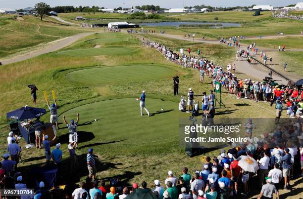 Dustin Johnson of the United States plays his shot from the tenth tee during the second round of the 2017 U.S. Open at Erin Hills on June 16, 2017 in...