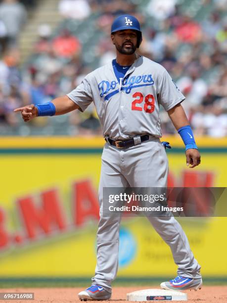 Leftfielder Franklin Gutierrez of the Los Angeles Dodgers stands at second base in the seventh inning of a game on June 15, 2017 against the...