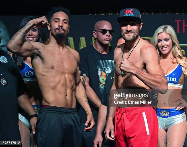 Light heavyweight champion Andre Ward and former champion Sergey Kovalev pose during their official weigh-in at the Mandalay Bay Events Center on...