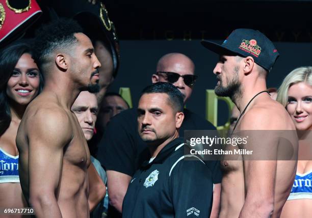 Light heavyweight champion Andre Ward and former champion Sergey Kovalev face off during their official weigh-in at the Mandalay Bay Events Center on...