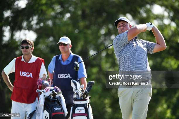 Michael Putnam of the United States plays his shot from the 17th tee during the second round of the 2017 U.S. Open at Erin Hills on June 16, 2017 in...