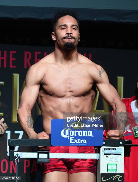 Light heavyweight champion Andre Ward poses on the scale during his official weigh-in at the Mandalay Bay Events Center on June 16, 2017 in Las...