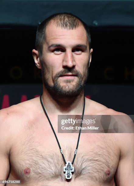 Boxer Sergey Kovalev poses on the scale during his official weigh-in at the Mandalay Bay Events Center on June 16, 2017 in Las Vegas, Nevada. Kovalev...