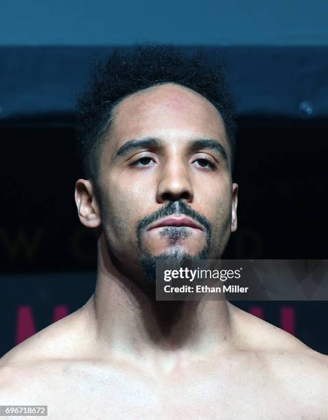 Light heavyweight champion Andre Ward poses on the scale during his official weigh-in at the Mandalay Bay Events Center on June 16, 2017 in Las...