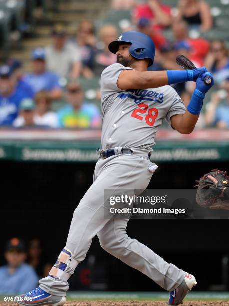 Leftfielder Franklin Gutierrez of the Los Angeles Dodgers bats in the ninth inning of a game on June 15, 2017 against the Cleveland Indians at...