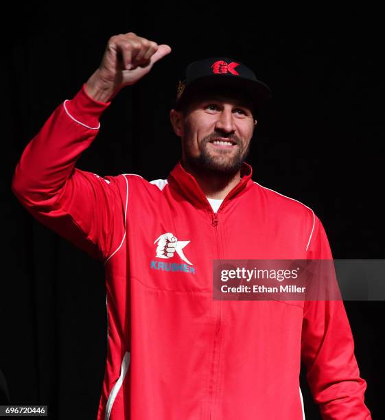 Boxer Sergey Kovalev gestures as he arrives at his official weigh-in at the Mandalay Bay Events Center on June 16, 2017 in Las Vegas, Nevada. Kovalev...