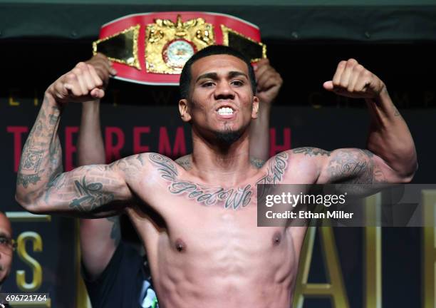 Boxer Luis Arias poses during his official weigh-in at the Mandalay Bay Events Center on June 16, 2017 in Las Vegas, Nevada. Arias will meet Arif...