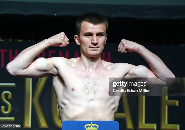 Boxer Arif Magomedov poses during his official weigh-in at the Mandalay Bay Events Center on June 16, 2017 in Las Vegas, Nevada. Magomedov will meet...