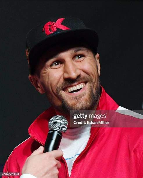 Boxer Sergey Kovalev is interviewed after his official weigh-in at the Mandalay Bay Events Center on June 16, 2017 in Las Vegas, Nevada. Kovalev will...