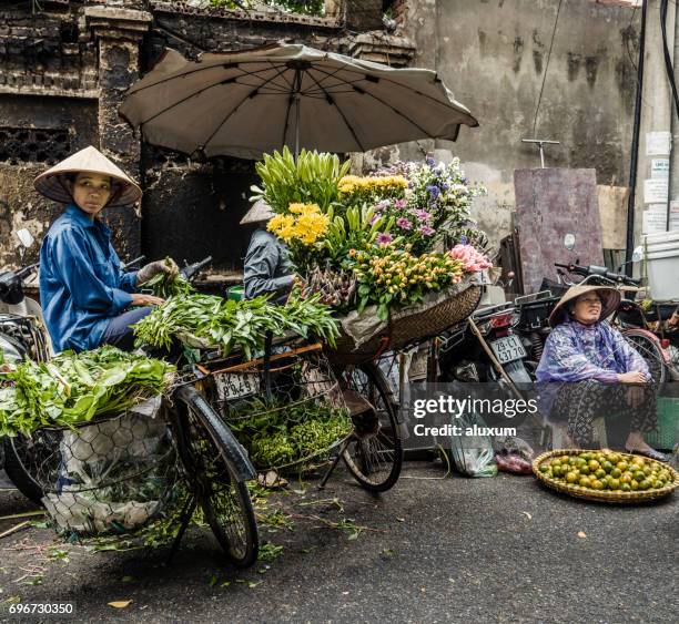 vendors selling fruits vegetables and flowers in hanoi vietnam - southern usa stock pictures, royalty-free photos & images