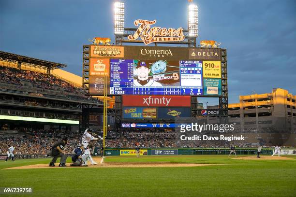 Nicholas Castellanos of the Detroit Tigers bats in the fifth inning during a MLB game against the Tampa Bay Rays at Comerica Park on June 16, 2017 in...