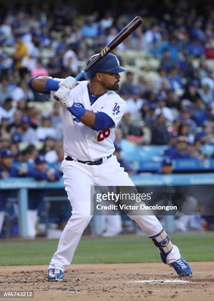 Franklin Gutierrez of the Los Angeles Dodgers bats in the first inning during the MLB game against the Cincinnati Reds at Dodger Stadium on June 9,...