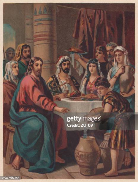jesus changes water into wine (john 2), chromolithograph, published 1886 - jesus stock illustrations