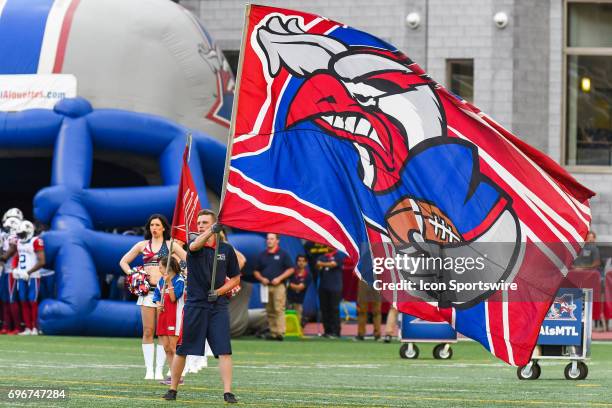 Montreal Alouettes flag and logo before the game during the Ottawa Redblacks versus the Montreal Alouettes preseason game on June 15 at Percival...