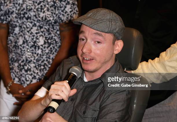 One Step Closer Foundation founder Jacob Zalewski speaks during the Raising the Stakes Celebrity Charity Poker Tournament benefiting the One Step...