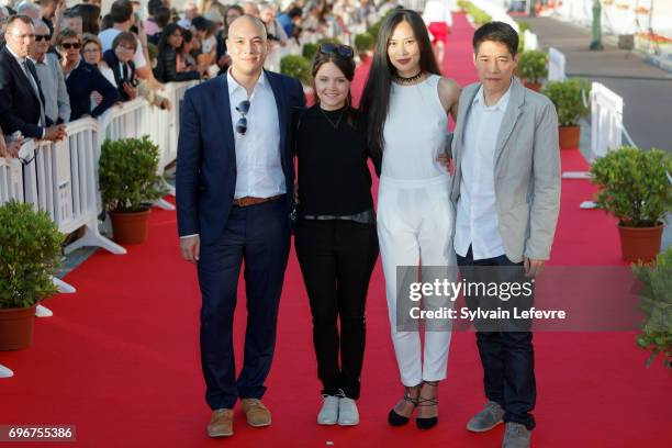 Frederic Siuen, Audrey Bastien, Xin Wang Francois Yang attend red carpet of 3rd day of the 31st Cabourg Film Festival on June 16, 2017 in Cabourg,...