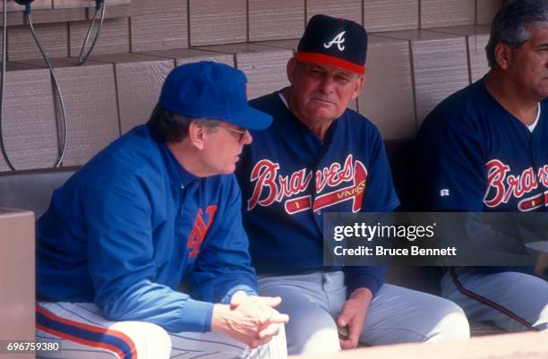 Manager Bobby Cox of the Atlanta Braves talks manager Jeff Torborg of the New York Mets before an MLB game on May 30, 1992 at Shea Stadium in...