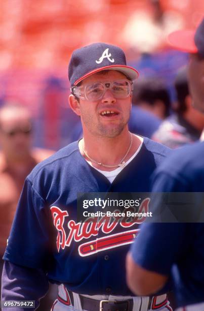 Mark Lemke of the Atlanta Braves smiles before an MLB game against News  Photo - Getty Images